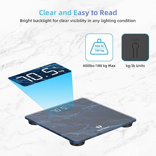 High Precision Digital Bathroom Scale with Step-On Technology LED Display Slim Design Max 180kg/400lb Marble Blue