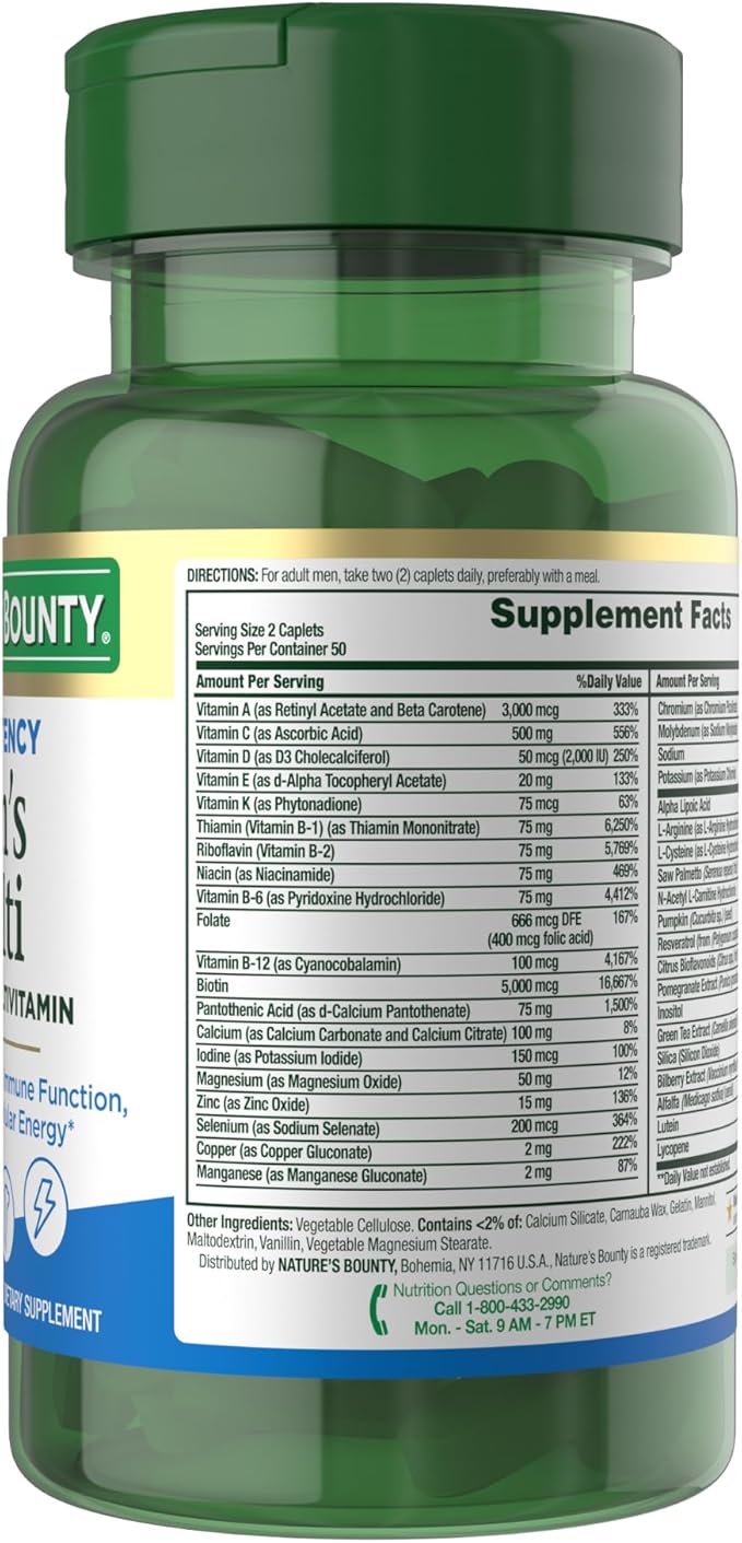 Nature’s Bounty High Potency Men’s Complete Multivitamin, Daily Men’s Health Vitamin for Heart Health and Immune Support, Men's Multivitamin for Strong Bones, Overall Health and Wellness, 100 Capsules