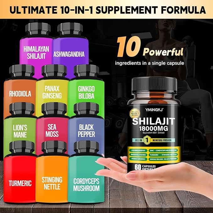 Shilajit Capsules 18000mg with Ashwagandha, Rhodiola Rosea, Panax Ginseng, Cordyceps, Turmeric, Ginkgo, Fulvic Acid Trace Minerals Supplement for Men & Women 60 Count Non-GMO Gluten-Free 2pack
