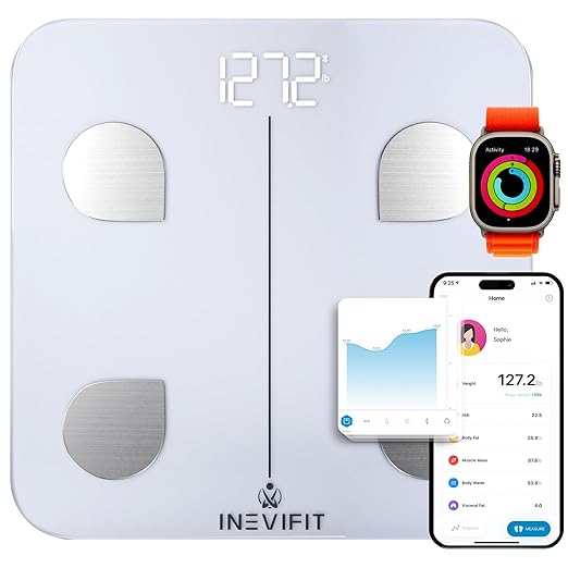 INEVIFIT Smart Body Fat Scale, Highly Accurate Bluetooth Digital Bathroom Body Composition Analyzer, Measures Weight, Body Fat, Water, Muscle, Visceral Fat & Bone Mass for Unlimited Users (White)