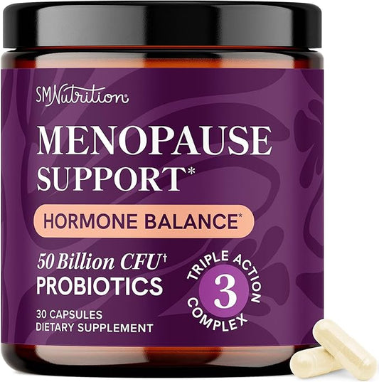 Menopause Support with Prebiotics and Probiotics for Women | Hormone Balance, Hot Flashes & Night Sweats | 50 Billion CFU, DIM & Black Cohosh | Triple Action Menopause Supplements for Women | 30 Ct