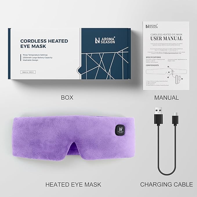 Heated Eye Mask, Cordless Warm Eye Compress for Dry Eyes MGD Stye Blephartitis, 2500mAh Electric Eye Heating Pad for Travel, Gifts for Men Women (Purple)