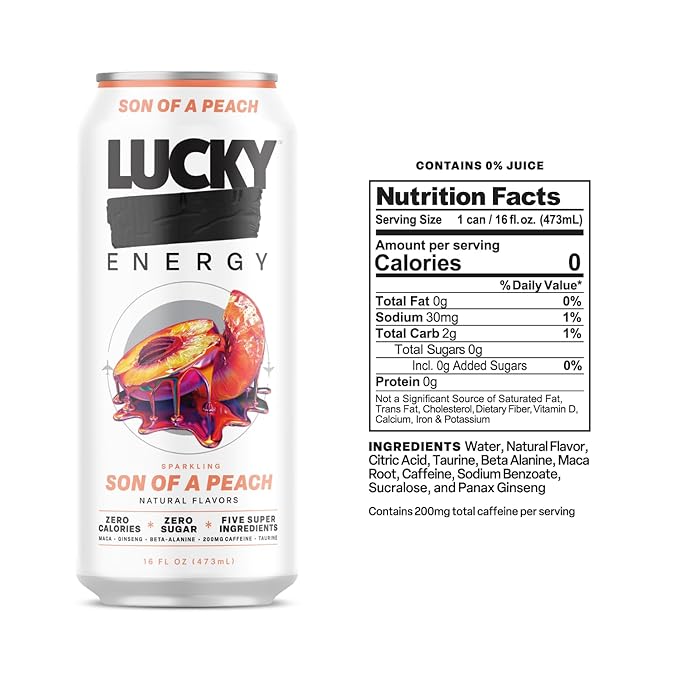Lucky Energy Sugar Free Energy Drinks 16 Fl Oz Cans (12-Pack) Son of a Peach with Maca, Ginseng, Taurine, Beta-Alanine, 200mg Caffeine, Zero Calories