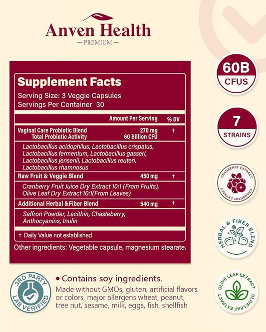 Vaginal Probiotics for Women - 60 Billion Womens Probiotic for Vaginal Flora, Odor, Yeast, Gut & Digestive Health with Saffron, Lecithin, Cranberry & Olive Leaf Extracts | 90 Veggie Caps