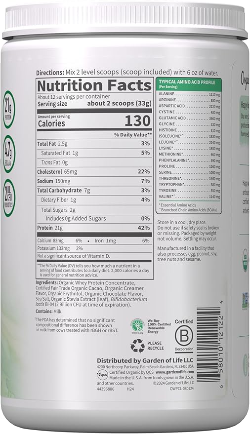 Garden of Life Whey Protein Powder Chocolate Cacao Flavor - 21g Certified Organic Grass Fed Protein for Women & Men + Probiotics - 12 Servings - Gluten Free, Kosher, RBST & rBGH Hormone Free