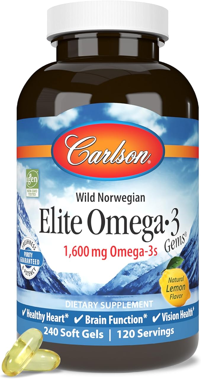Carlson Elite Omega-3 Gems 1600 mg Omega 3 Fatty Acids Including EPA and DHA, Norwegian, Wild-Caught Fish Oil Supplement, Sustainably Sourced Fish Oil Capsules, Lemon - 60 Softgels