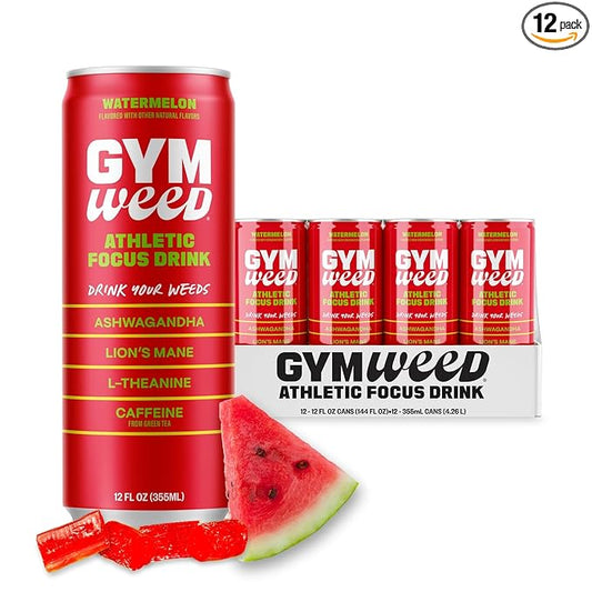GYM WEED Athletic Focus Drink with KSM-66 Ashwagandha, Lion's Mane Mushroom, L-Theanine, 200mg Green Tea Caffeine with Natural Sweeteners Watermelon Flavor, 12 Pack