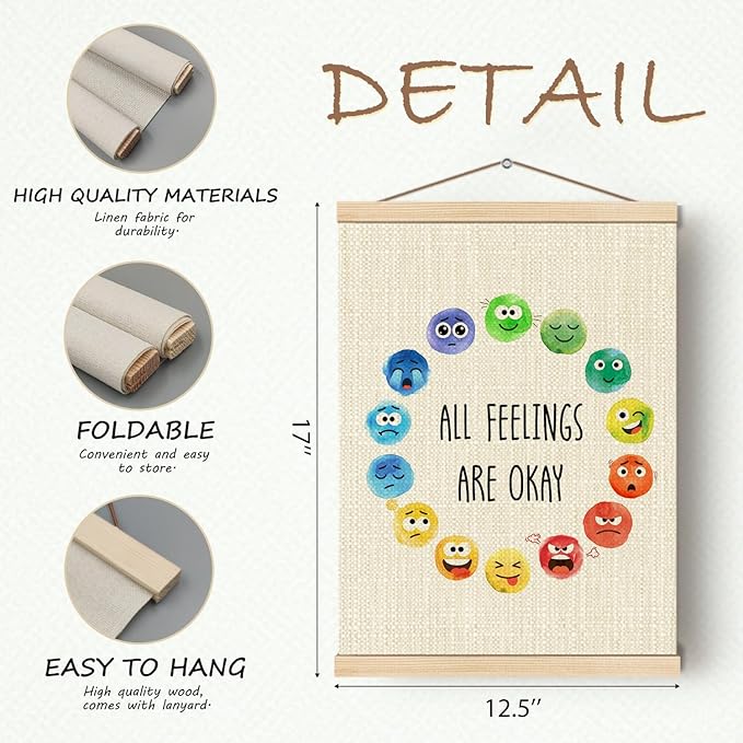 HKTZM Feelings Chart for Kids, All Feelings are Okay Mental Health Poster Hanger Frame 12.5×17 Inch, Feelings Emotions Wheel Chart Hanging Wall Art Decor for School Classroom Kids Room
