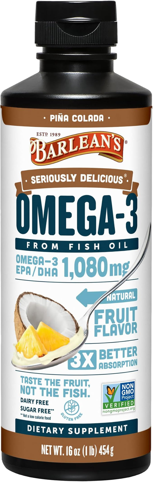 Barlean's Omega 3 Fish Oil Liquid Supplement with Vitamin D for Men and Women, Pina Colada, 1080mg EPA and DHA Fatty Acid, 16 oz