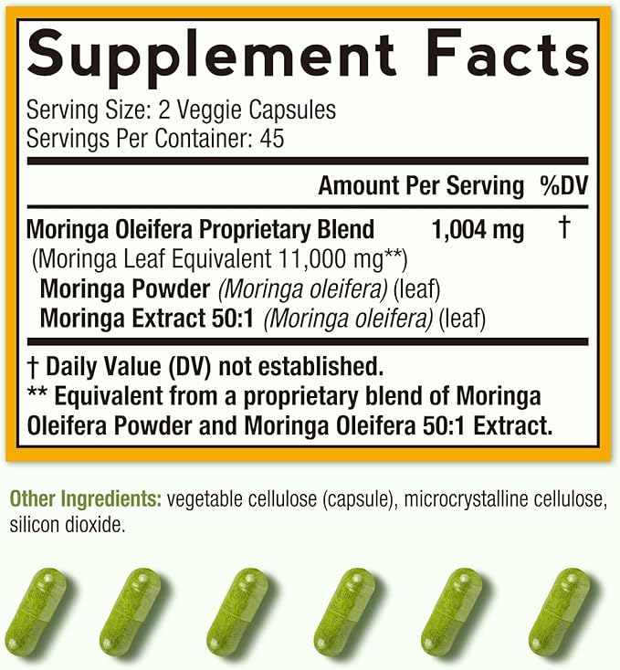 Doctor's Recipes Moringa 11,000 mg Strength, Complete Green Superfood, Natural Antioxidant Support, Non-GMO, 90 Vegan Caps, No Caffeine Soy Gluten