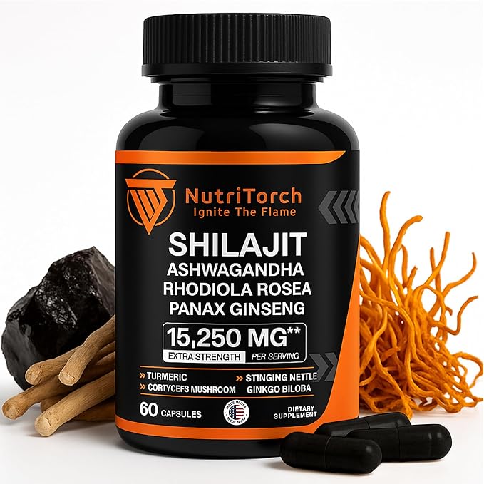 Shilajit Capsules - Supplement with Ashwagandha, Rhodiola Rosea, Panax Ginseng, Turmeric, Cordycep Mushrooms, Ginkgo Biloba - 15250Mg - 60 Capsules