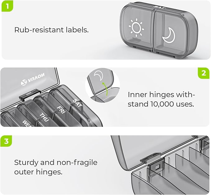 AUVON XL Weekly Pill Organizer 2 Times a Day, Pill Box 7 Day with One-Side Large Openings for Easy to Use, Gray AM PM Pill Case for Medication, Vitamins, Fish Oils, Supplements