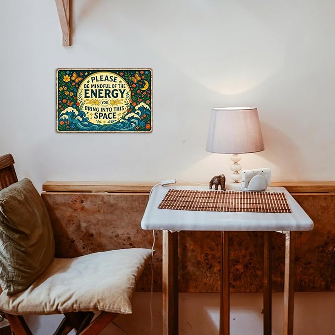 Please Be Mindful of the Energy You Bring Tin Sign – Spiritual Wall Decor for Home, Yoga Room, or Meditation Space – Retro Metal Wall Art Aesthetic, Positive Energy Tin Sign 8x12 Inch