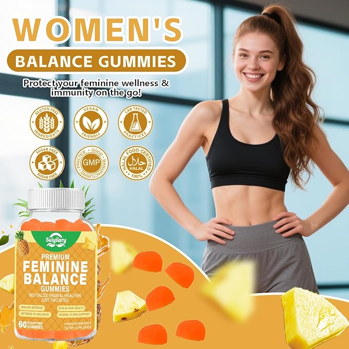 Feminine Balance Gummies for Women - Probiotics Vaginal Health & Women's pH Balance Gummy Supplement with Cranberry Pineapple Powder, Sugar Free Gluten Free Vegan, 60 Count