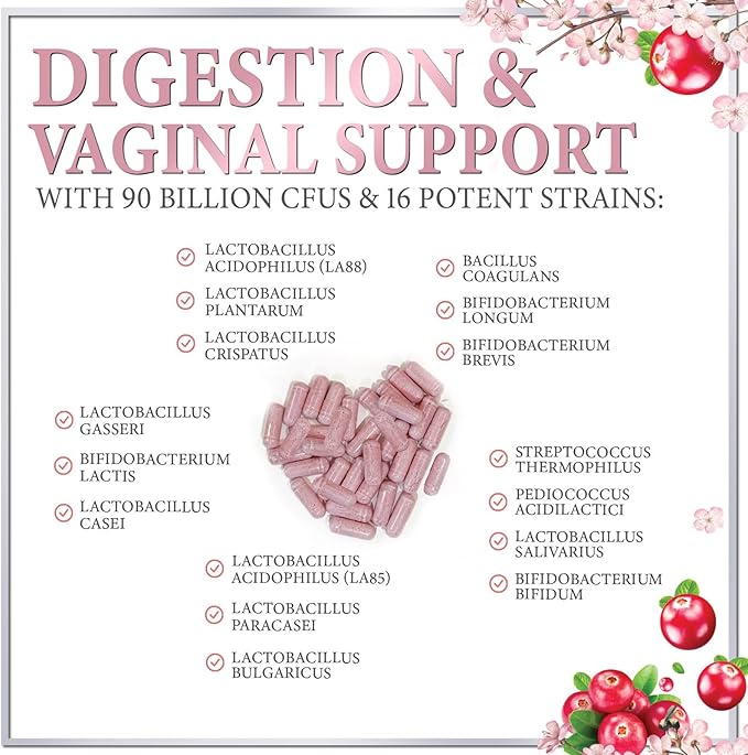 Probiotics for Women Supplement with Cranberry - 16 Premium Strains for PH Balance, Digestive Health, Vaginal & Immune Support, 90 Billion CFU, Women's Probiotic, UT, & Feminine Health - 60 Capsules