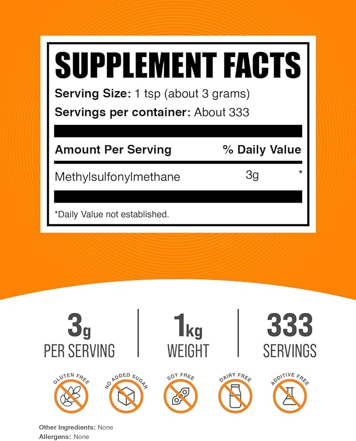 BulkSupplements.com MSM Powder - Methylsulfonylmethane, MSM Supplement, Nutritional Supplement - Gluten Free, 3g per Serving, 1kg (2.2 lbs) (Pack of 1)