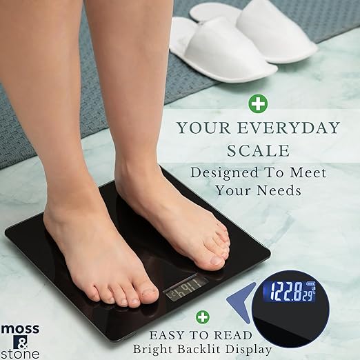 Moss & Stone Black Digital Bathroom Scale for Body Weight, Smart Step-On Technology, Backlit LCD Display, High Accuracy Weight Scale 400lb/180kg, Glass Slim Design, Auto On/Off, Home Use