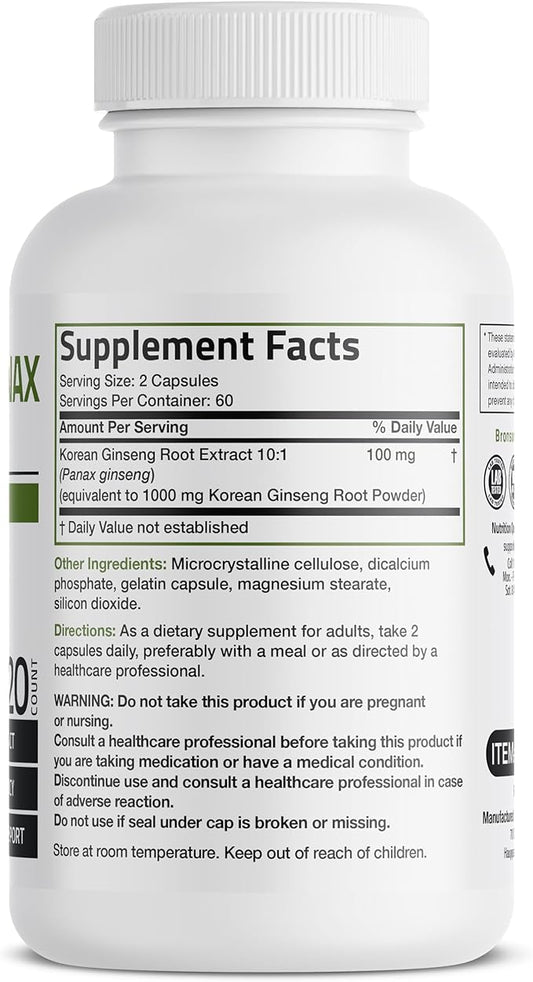 Bronson Korean Panax Ginseng Supports Energy, Endurance & Vitality + Memory and Mental Performance, 120 Capsules