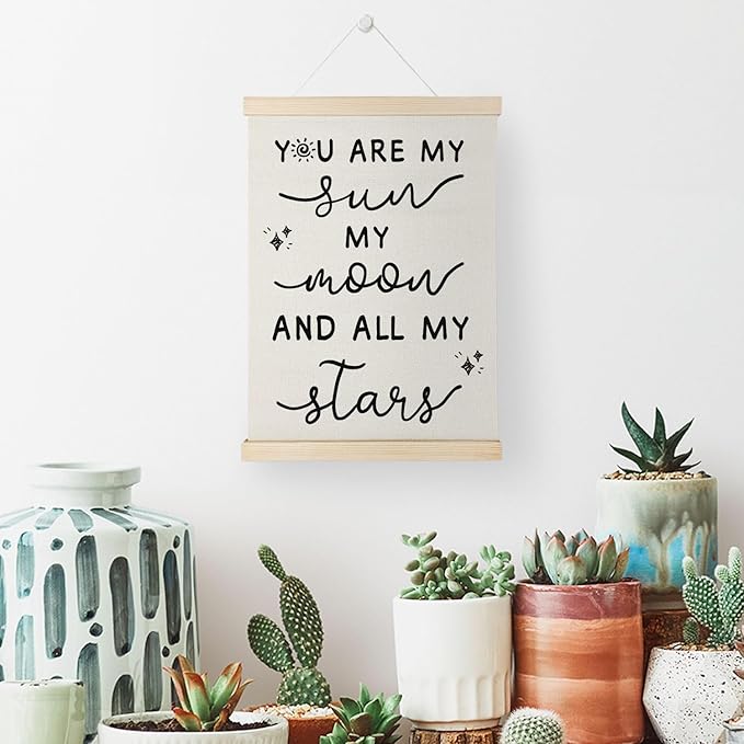 Nrleey Nursery Wall Decor with Wooden Poster Hanger - Baby Room Decor, You Are My Sun Moon And All My Stars Wall Art Posters for Kids Room Nursery Playroom, 12x16 Inch