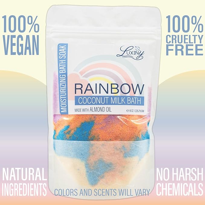 Vegan Milk Bath Soak Made with Coconut Milk Powder & Sweet Almond Oil Which Creates A Bath Bomb Dust Soothing Fizz, 8oz (Rainbow)