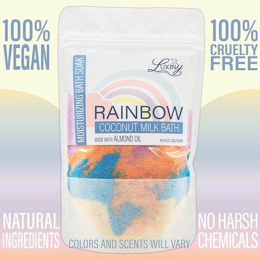 Vegan Milk Bath Soak Made with Coconut Milk Powder & Sweet Almond Oil Which Creates A Bath Bomb Dust Soothing Fizz, 8oz (Rainbow)