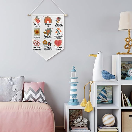 BlissfulAbon Boho Floral Mental Health Wall Canvas Banner, Girly Room Decor, Positive Affirmations Wall Hanging Decor Pennant Flags for Girls Bedroom Home Apartment, 11×15 Inch