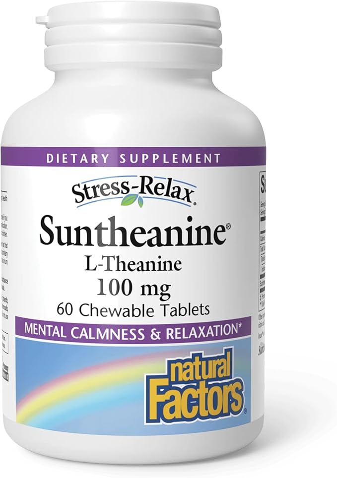 Natural Factors Stress-Relax Chewable Suntheanine L-Theanine 100 mg, Non-Drowsy Stress Support for Mental Calmness and Relaxation, Tropical Fruit Flavor, 60 Tablets