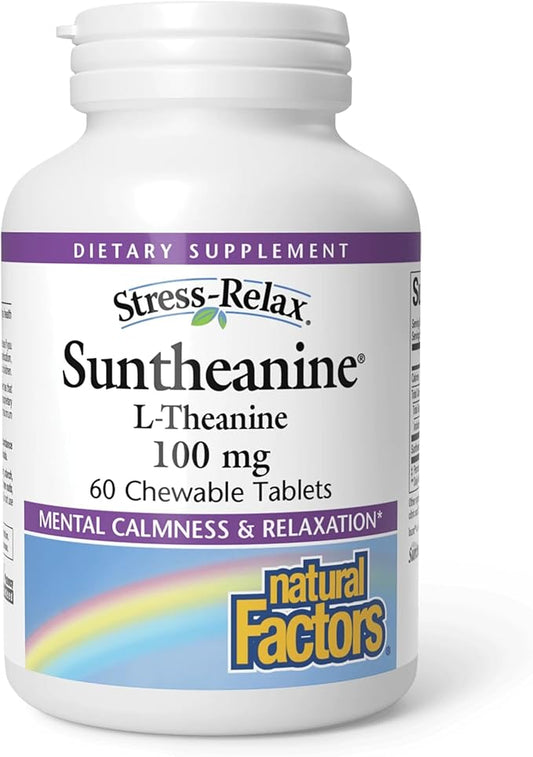 Natural Factors Stress-Relax Chewable Suntheanine L-Theanine 100 mg, Non-Drowsy Stress Support for Mental Calmness and Relaxation, Tropical Fruit Flavor, 60 Tablets