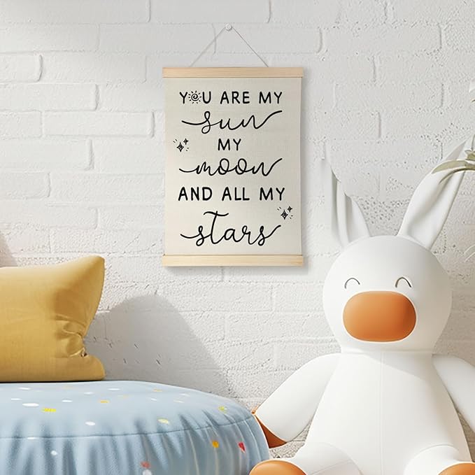 Nrleey Nursery Wall Decor with Wooden Poster Hanger - Baby Room Decor, You Are My Sun Moon And All My Stars Wall Art Posters for Kids Room Nursery Playroom, 12x16 Inch