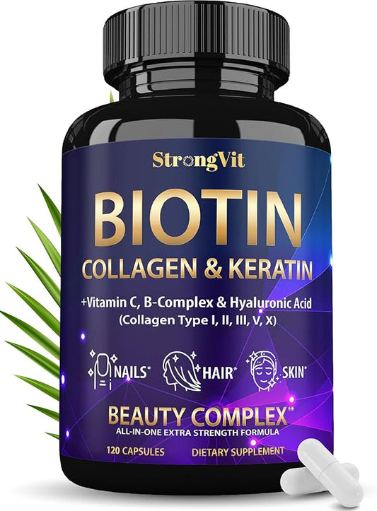Biotin with Hyaluronic Acid, Keratin, and Collagen Supplements - Hair Growth Vitamins for Women and Men, Healthy Nails and Skin, B1, B2, B3, B6, B7 Complex, USA (120 Capsules)