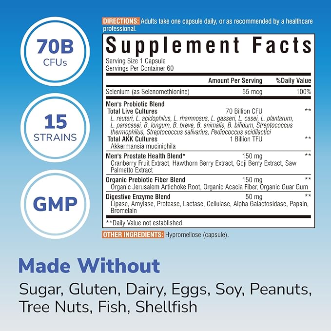 Probiotics for Men, 70 Billion CFU 15 Strains, Selenium, Enzymes, Saw Palmetto, Cranberry for Digestive, Gut, Immune, Prostate & Urinary Tract Health, Shelf Stable, 60 Capsules