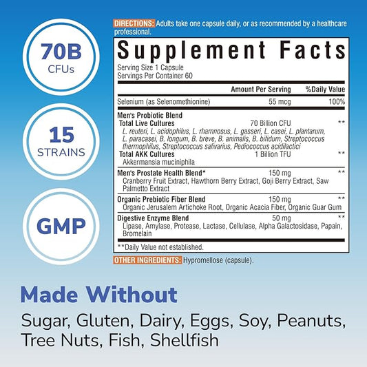 Probiotics for Men, 70 Billion CFU 15 Strains, Selenium, Enzymes, Saw Palmetto, Cranberry for Digestive, Gut, Immune, Prostate & Urinary Tract Health, Shelf Stable, 60 Capsules