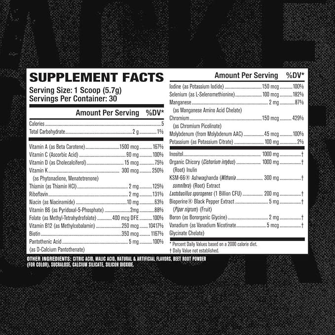 Jacked Factory Vita XT Performance Vitamin Powder - Daily Multivitamin Powder for Men with KSM-66 Ashwagandha, Prebiotic Fiber, Vitamin A, C, D, K, B6, B12, & More - Fruit Punch, 30Sv