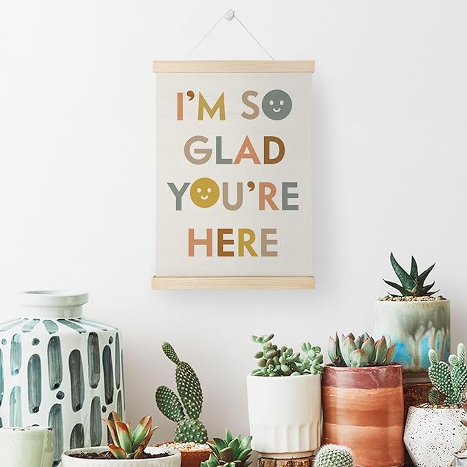 Nrleey I'm So Glad You're Here Wall Decor with Wooden Poster Hanger - Boho Classroom Decor, Positive Affirmations Motivational Wall Art Posters for Classroom, Teacher Gifts, 12x16 Inch