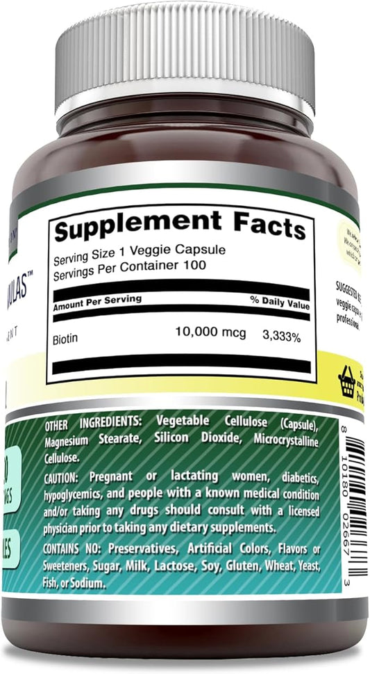 Amazing Formulas Biotin 10000 mcg Veggie Capsules | Vitamin B7 Supplement | Non-GMO | Gluten Free | Made in USA (1 Pack | 100 Count)