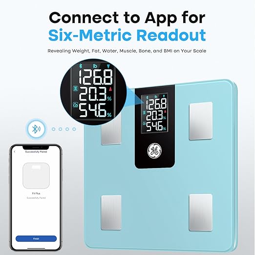 GE Smart Scale for Body Weight: Digital Bathroom Scale with BMI Fat Muscle Mass Bluetooth Body Composition Monitor Large LCD Display Weighing 396lbs Blue