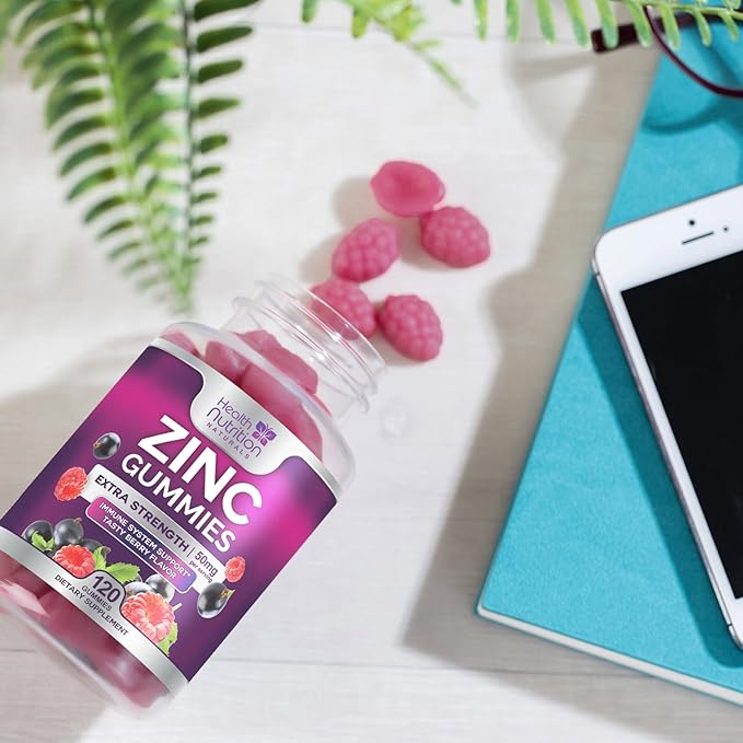 Zinc Supplement 50mg Gummies for Adults - Max Strength Skin Health & Immune Support Gummy, Vegan, Non-GMO & Gluten Free, Nature’s Antioxidant & Bone Health Chewable Tasty Berry Flavor - 120 Gummies