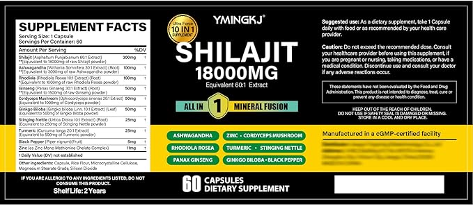 Shilajit Capsules 18000mg with Ashwagandha, Rhodiola Rosea, Panax Ginseng, Cordyceps, Turmeric, Ginkgo, Fulvic Acid Trace Minerals Supplement for Men & Women 60 Count Non-GMO Gluten-Free 2pack