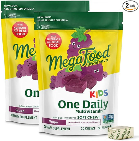MegaFood Kids One Daily Multivitamin Soft Chews - Kids Vitamins with Vitamin B, Vitamin C, Vitamin D & Vitamin E - Age 4+, Vegetarian, Made Without 9 Food Allergens - Grape Flavor - 30 Chews (2 Pack)