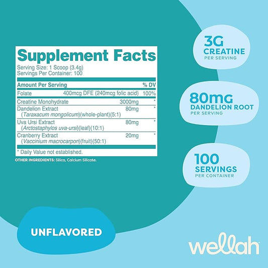 Wellah Pump-It-Up Creatine (100 Servings, Unflavored) - Creatine Monohydrate with Dandelion, Uva Ursi, & Cranberry Extract