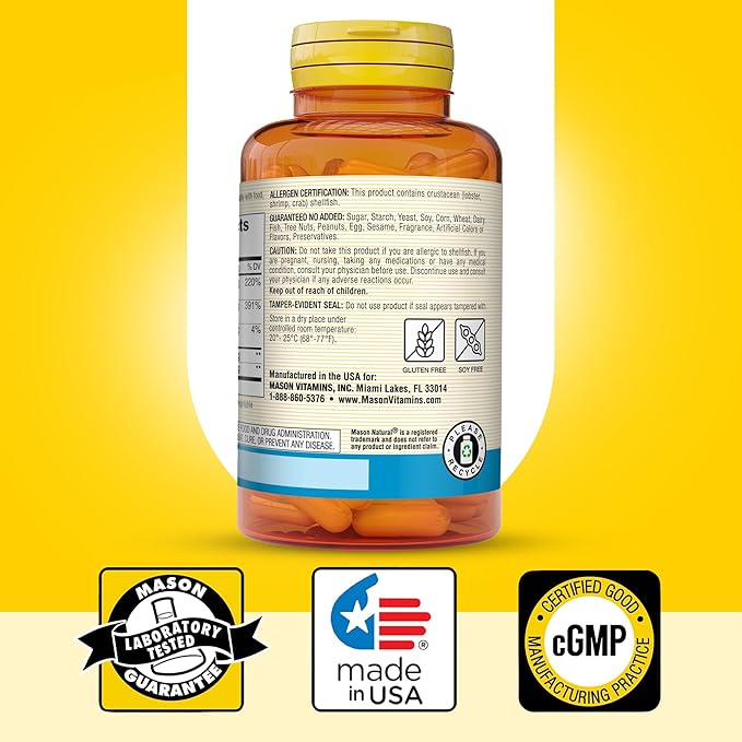 MASON NATURAL Glucosamine Chondroitin 1500/1200 3 Per Day with Vitamin C - Supports Joint Function for Normal Flexibility & Mobility*, 180 Capsules