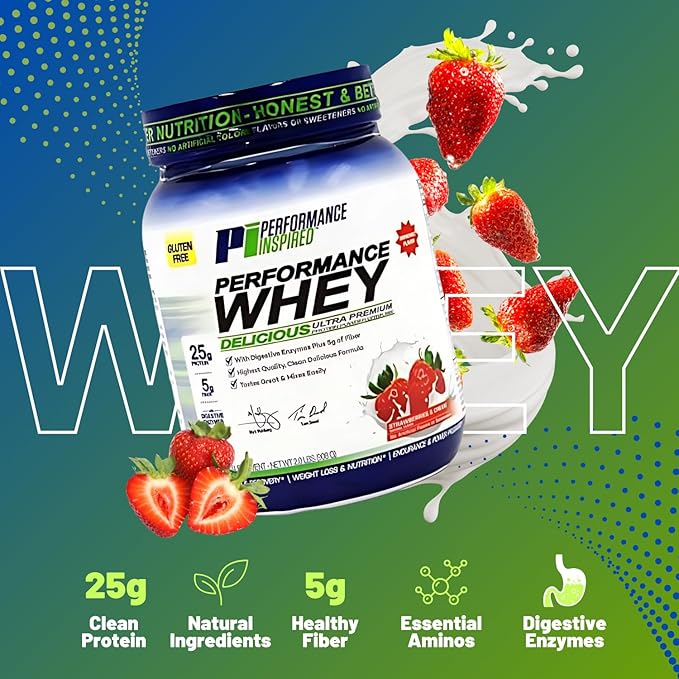 Performance Inspired Nutrition WHEY Protein Powder - All Natural - 25G - Contains BCAAs - Digestive Enzymes - Fiber Packed - Strawberries & Cream - 2lb
