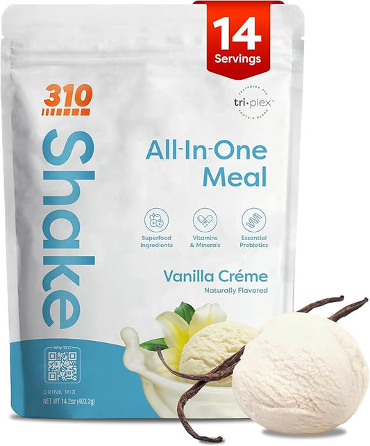 310 Nutrition All-In-One Meal Replacement Shake Powder - Plant-Based Protein Smoothie Blend w/High Fiber, Probiotics & Adaptogens - Low Carb, Vegan, Keto & Paleo Friendly - Vanilla Creme - 14 Srv