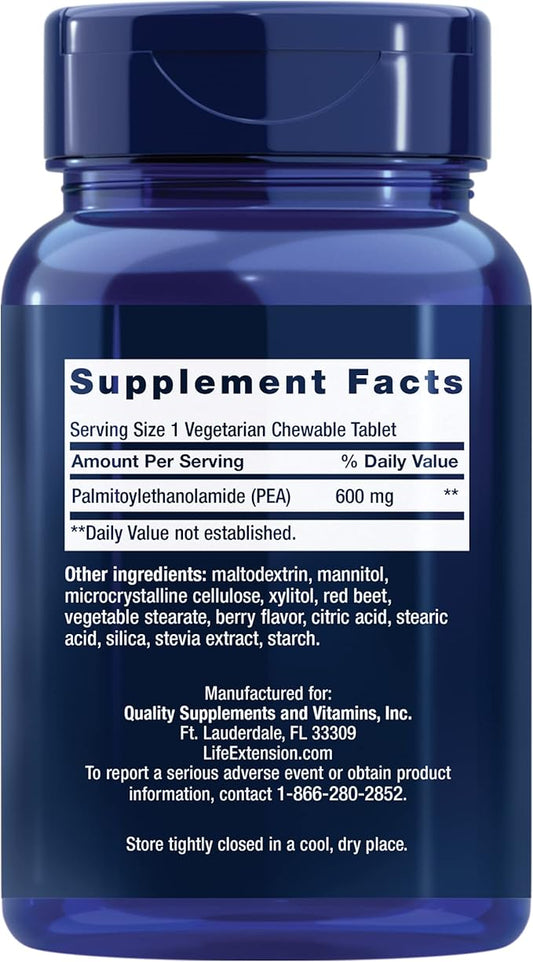 Life Extension Pea Discomfort Relief (Berry Flavor) for Occasional Minor Pain & Discomfort – Palmitoylethanolamide Supplement - Gluten-Free, Non-GMO, Vegetarian – 60 Chewable Tablets