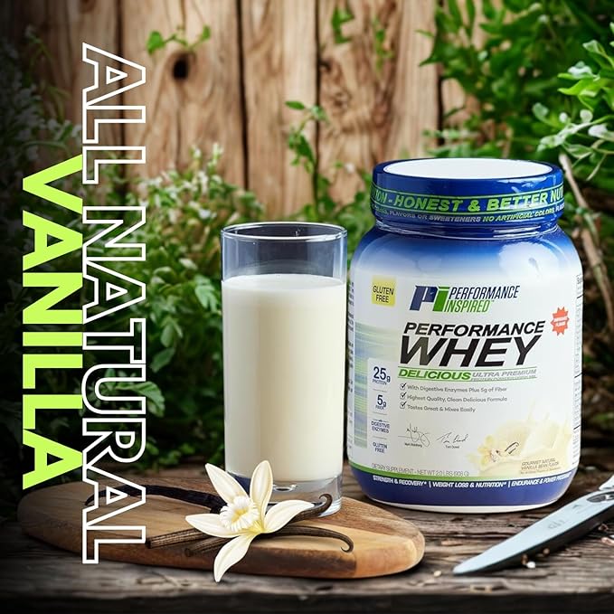 PERFORMANCE INSPIRED Nutrition WHEY Protein Powder – All Natural – 25G Protein – BCAAs – Digestive Enzymes – Fiber Packed – Natural Vanilla – 2lb