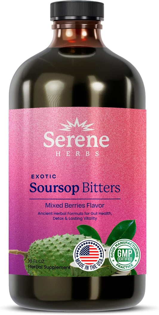 Soursop Bitters Liquid - Mixed Berry All-Natural Herbal with Black Seed, Moringa, Irish Moss & Ginger – Gut Support, Energy & Immune Boost – Vegan, Non-GMO – 16 oz