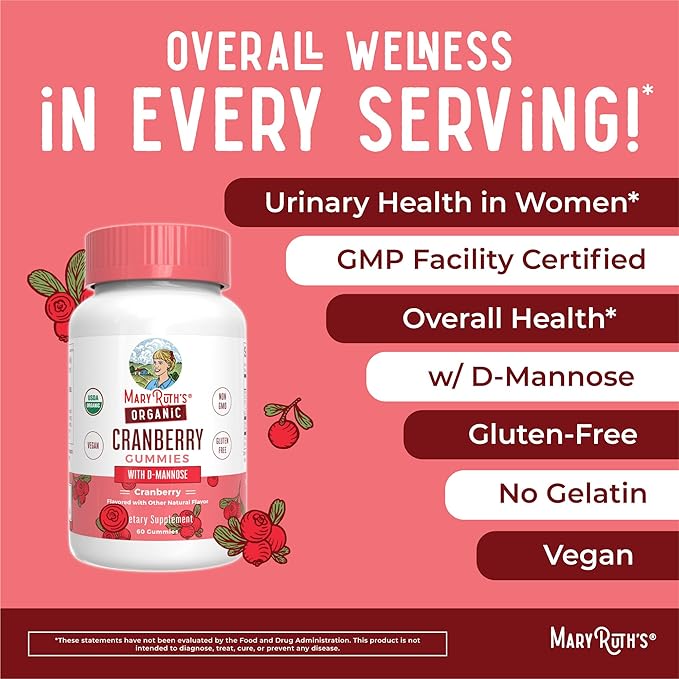 MaryRuth Organics Organic Cranberry Gummies - 500mg Supplement | Urinary Tract Health for Women | with D Mannose | Traditional Use | USDA Organic | Vegan | Non GMO | 30 Servings