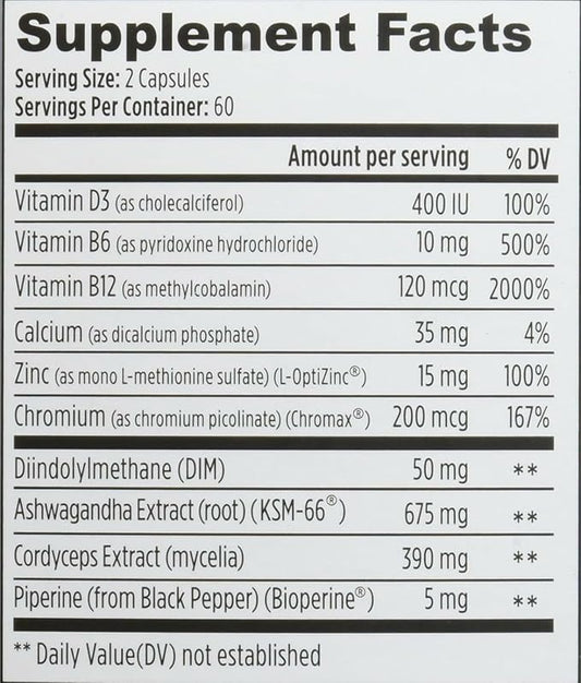 Weider Prime Testosterone Support - Men's Nutrition - Enriched with Vitamins & Minerals - with Ashwagandha, Chromax Chromium, Bioperine & Zinc - Gluten Free - 120 Capsules