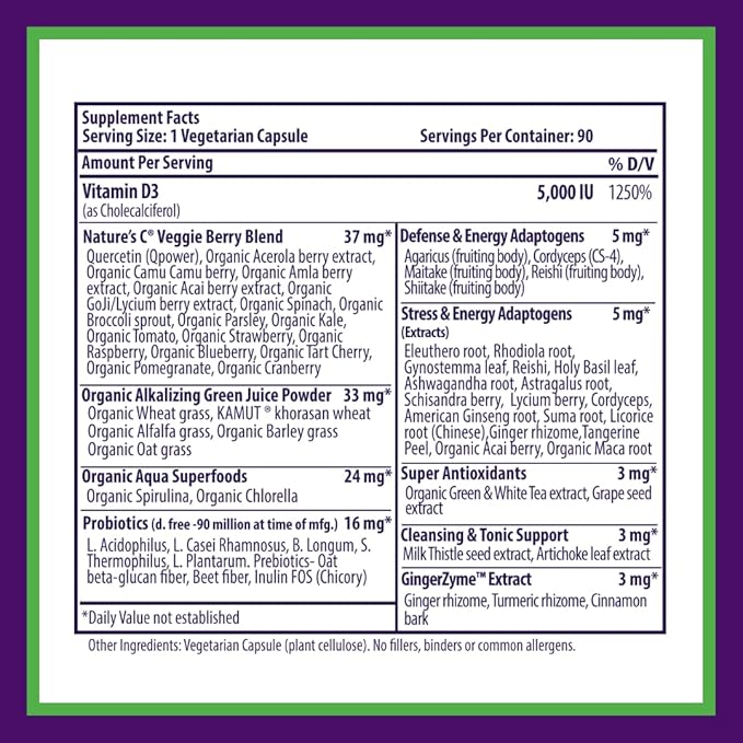 Paradise Herbs Earth's Blend Vitamin D3, Superfoods Base of Probiotics and Organic Alkalizing Greens, Veggies & Berries, 90 Vegetarian Capsules