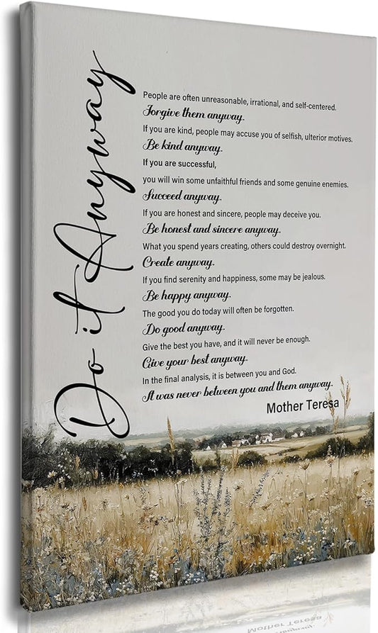 Nitelat Inspirational Do It Anyway Wall Art, Mother Teresa Quotes Farmhouse Rustic Wildflower Canvas Wall Art Decor for Home Bedroom Office, Motivational Canvas Pictures for Wall Decor, 11x15 Inch